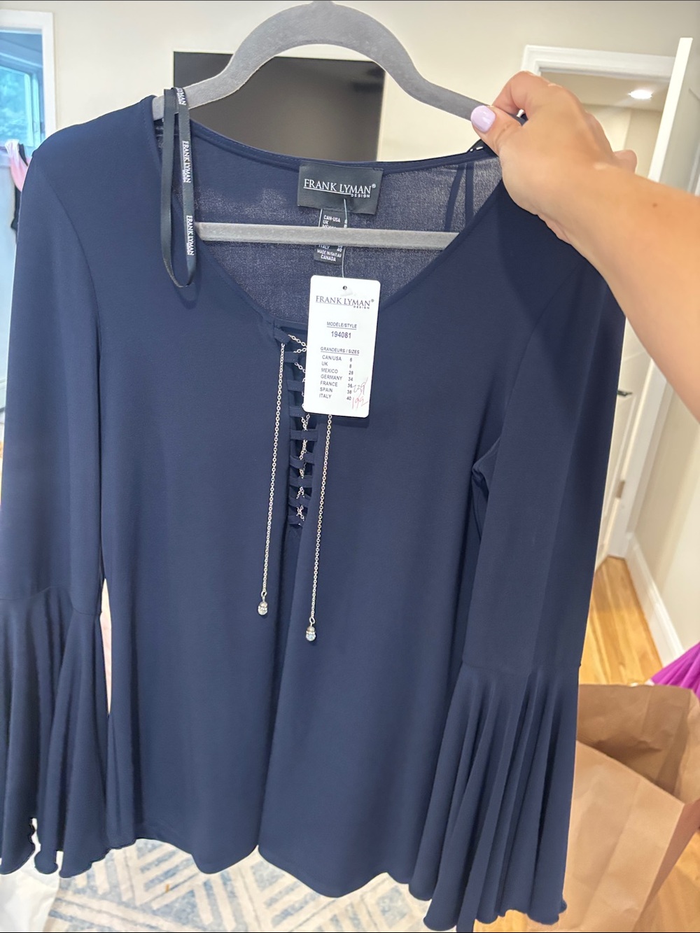 Frank Lyman Design Navy Lace-Up Bell Sleeve Top